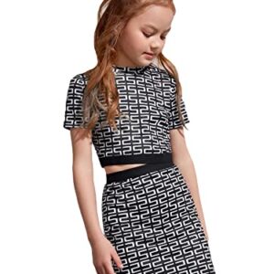 Milumia Girl Two Piece Outfits Geo Print Mock Neck Short Sleeve Tee and Mini Skirt Set Black and White 10 Years