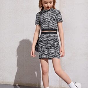 Milumia Girl Two Piece Outfits Geo Print Mock Neck Short Sleeve Tee and Mini Skirt Set Black and White 10 Years