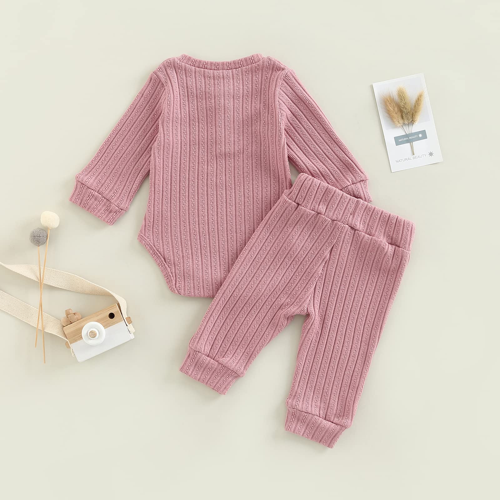 Newborn Baby Boy Girl Clothes Set Infant Ribbed Outfits Fall Winter Solid Color Romper with Elastic Long Pants 2Pcs (Pink, 12-18 Months)