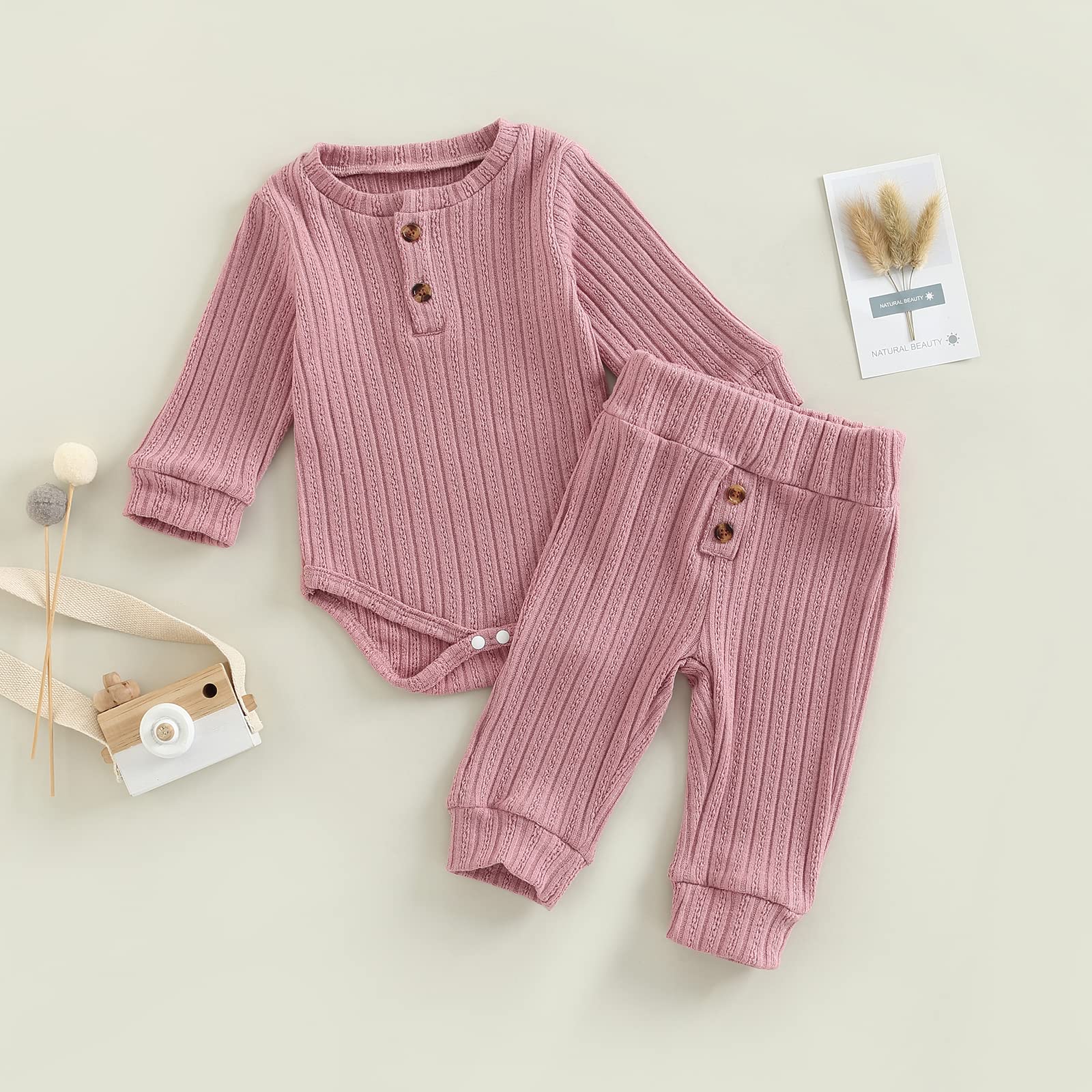 Newborn Baby Boy Girl Clothes Set Infant Ribbed Outfits Fall Winter Solid Color Romper with Elastic Long Pants 2Pcs (Pink, 12-18 Months)