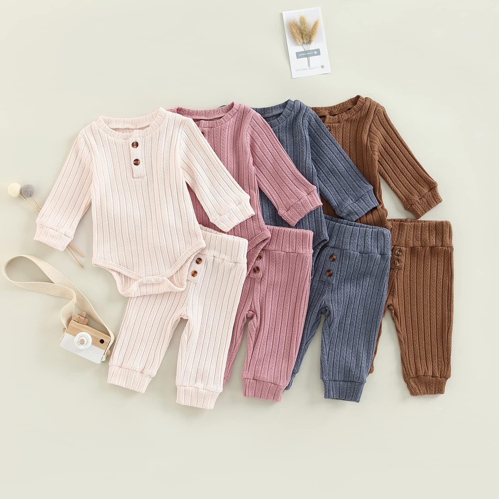 Newborn Baby Boy Girl Clothes Set Infant Ribbed Outfits Fall Winter Solid Color Romper with Elastic Long Pants 2Pcs (Pink, 12-18 Months)