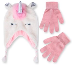 kids winter hat and kids gloves set for girls & boys ages 4-7 years old + ear flaps chin strap (pink/white unicorn - gloves)