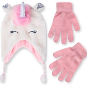 Kids Winter Hat and Kids Gloves Set for Girls & Boys Ages 4-7 Years Old + Ear Flaps Chin Strap (Pink/White Unicorn - Gloves)