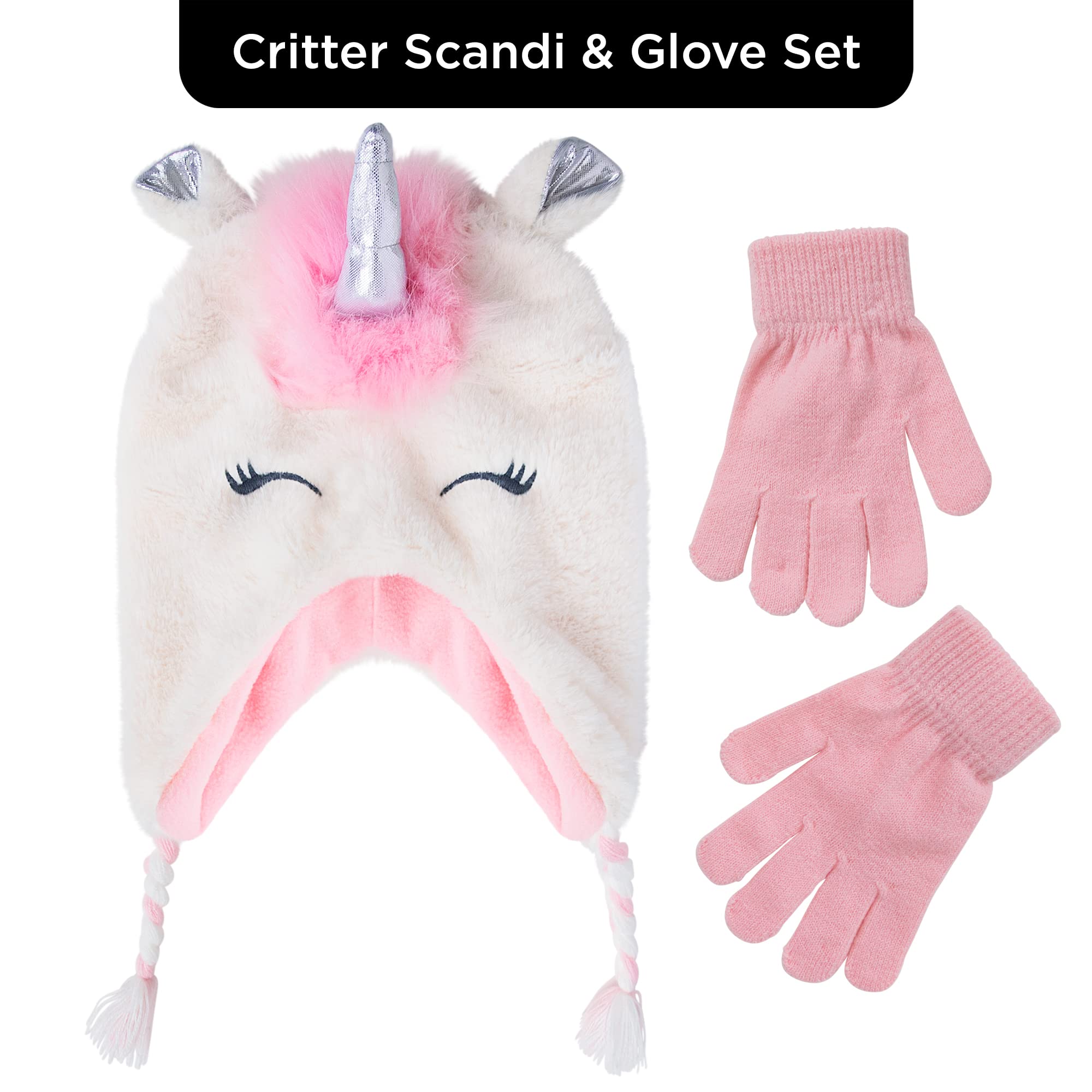 Kids Winter Hat and Kids Gloves Set for Girls & Boys Ages 4-7 Years Old + Ear Flaps Chin Strap (Pink/White Unicorn - Gloves)