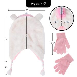 Kids Winter Hat and Kids Gloves Set for Girls & Boys Ages 4-7 Years Old + Ear Flaps Chin Strap (Pink/White Unicorn - Gloves)
