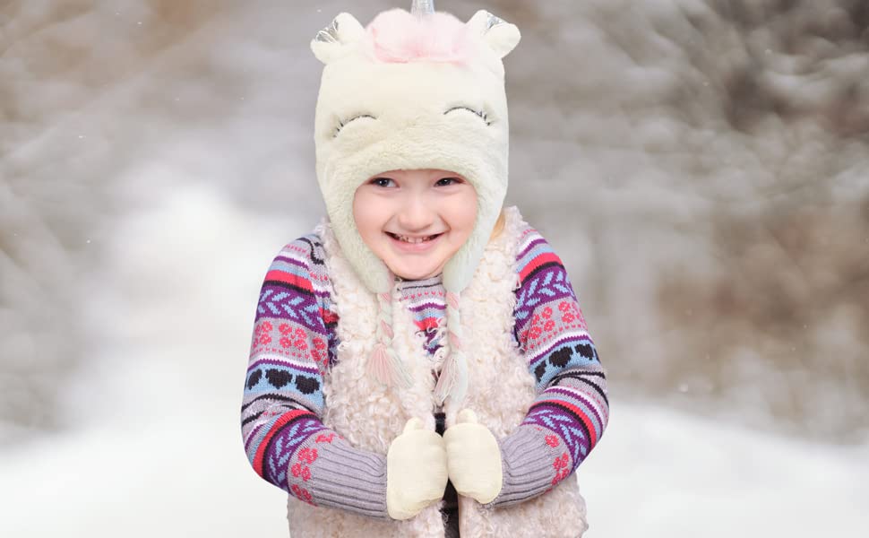 Kids Winter Hat and Kids Gloves Set for Girls & Boys Ages 4-7 Years Old + Ear Flaps Chin Strap (Pink/White Unicorn - Gloves)