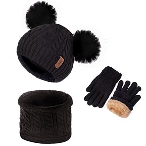kids winter hats gloves scarf set for girls boys toddler beanie baby neck warmer warm thick fleece lining thermal black knit cap with cute pom pom for 6-10 years old, gifts for childrens