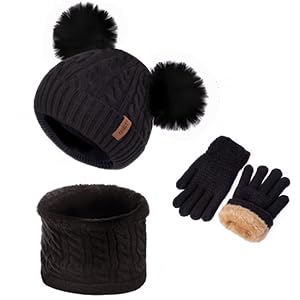 Kids Winter Hats Gloves Scarf Set for Girls Boys Toddler Beanie Baby Neck Warmer Warm Thick Fleece Lining Thermal Black Knit Cap with Cute Pom Pom for 6-10 Years Old, Gifts for Childrens