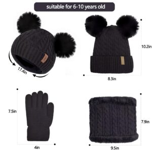 Kids Winter Hats Gloves Scarf Set for Girls Boys Toddler Beanie Baby Neck Warmer Warm Thick Fleece Lining Thermal Black Knit Cap with Cute Pom Pom for 6-10 Years Old, Gifts for Childrens
