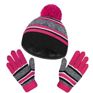 OZERO Beanie and Winter Gloves Warm Sets, Kids Thermal Hat Mitten Set for 4-10 Years Boys and Girls Purple-red