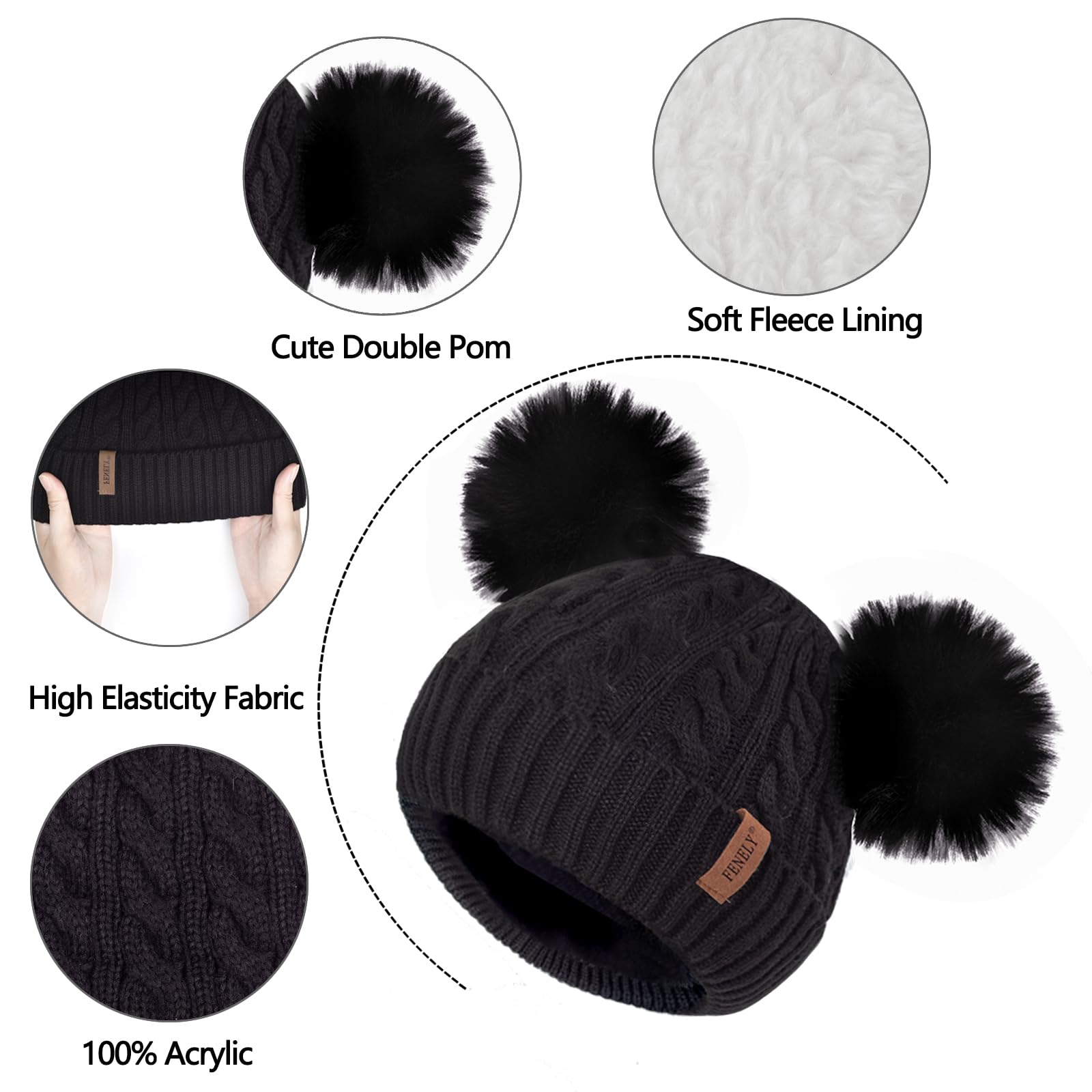 Kids Winter Hats Gloves Scarf Set for Girls Boys Toddler Beanie Baby Neck Warmer Warm Thick Fleece Lining Thermal Black Knit Cap with Cute Pom Pom for 6-10 Years Old, Gifts for Childrens