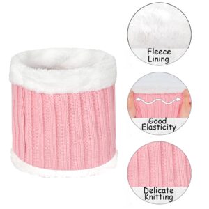 Kids Hat Scarf Gloves Set Girls Winter Warm Knit Beanie Soft Thick Fleece Lining Cap with Cute Double Fur Pom Pom Pink Toddler Children Baby Cold Weather Snow Accessories Crochet 6-10 Years