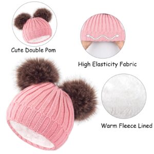 Kids Hat Scarf Gloves Set Girls Winter Warm Knit Beanie Soft Thick Fleece Lining Cap with Cute Double Fur Pom Pom Pink Toddler Children Baby Cold Weather Snow Accessories Crochet 6-10 Years
