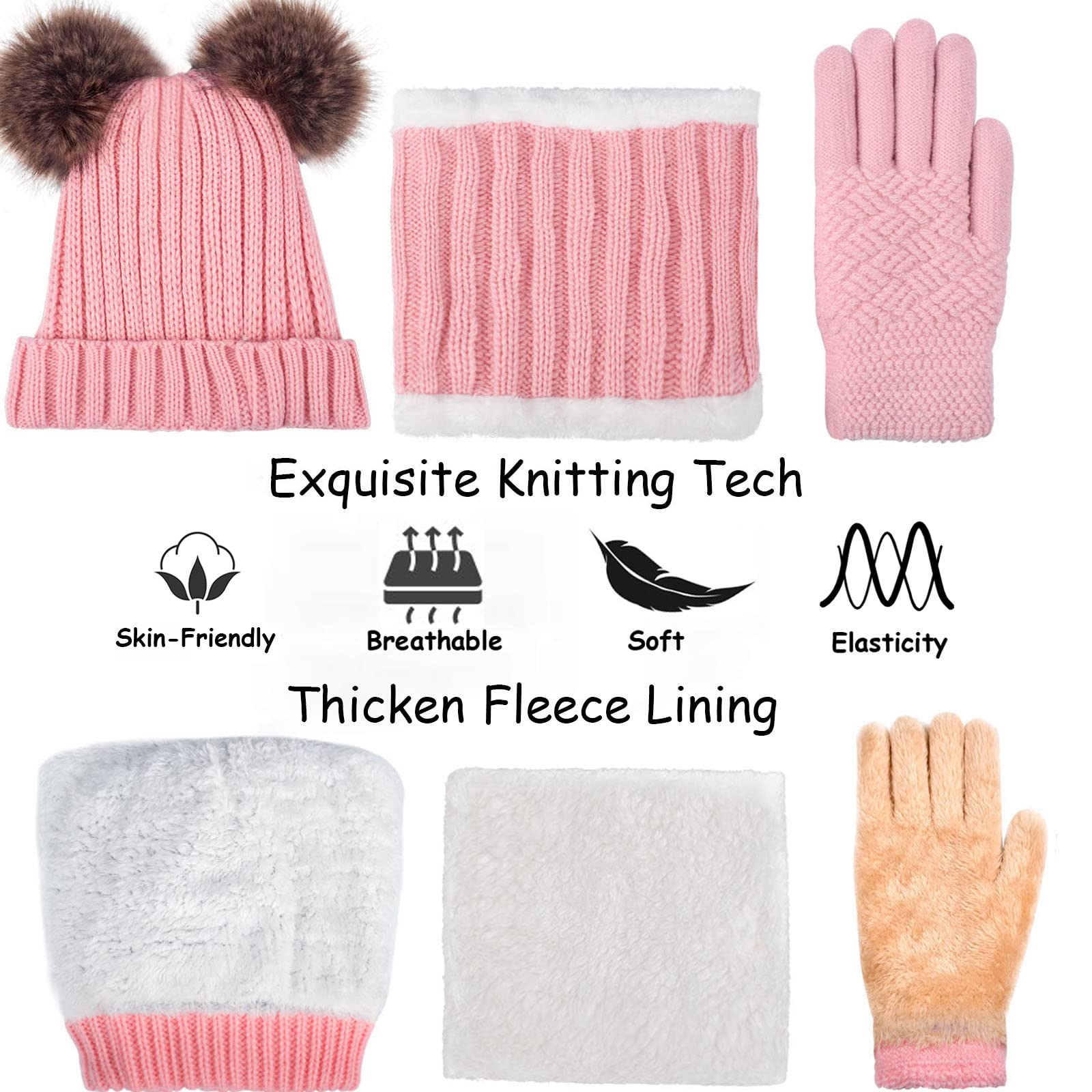 Kids Hat Scarf Gloves Set Girls Winter Warm Knit Beanie Soft Thick Fleece Lining Cap with Cute Double Fur Pom Pom Pink Toddler Children Baby Cold Weather Snow Accessories Crochet 6-10 Years