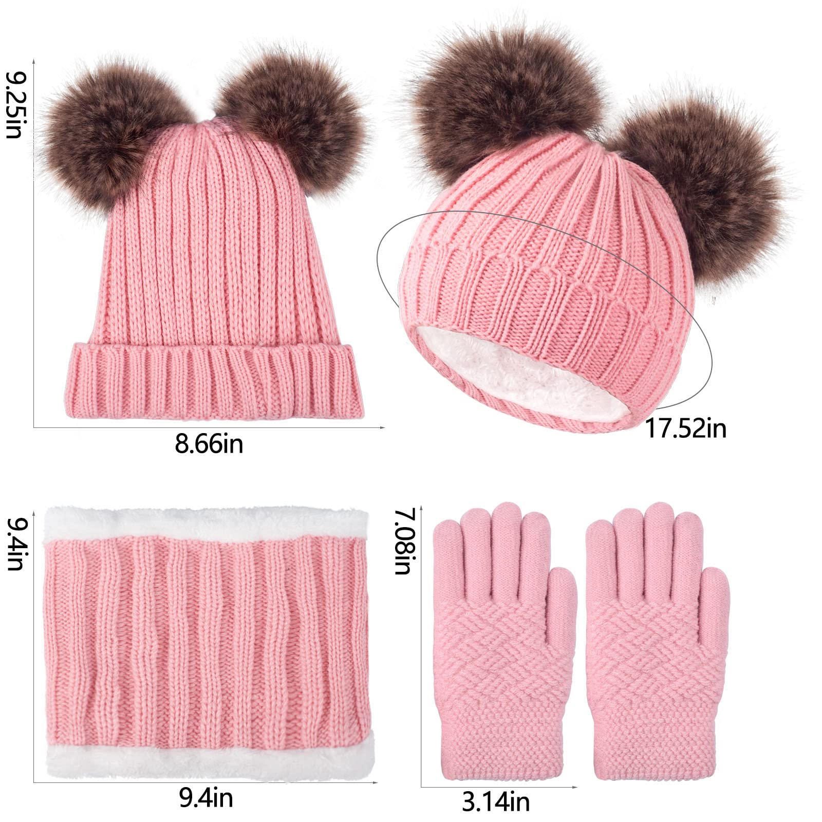 Kids Hat Scarf Gloves Set Girls Winter Warm Knit Beanie Soft Thick Fleece Lining Cap with Cute Double Fur Pom Pom Pink Toddler Children Baby Cold Weather Snow Accessories Crochet 6-10 Years