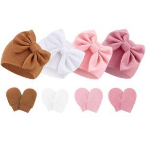 bqubo newborn baby hats mittens set hospital hat beanie infant bow hats baby cotton gloves no scratch mittens for 0-6 months