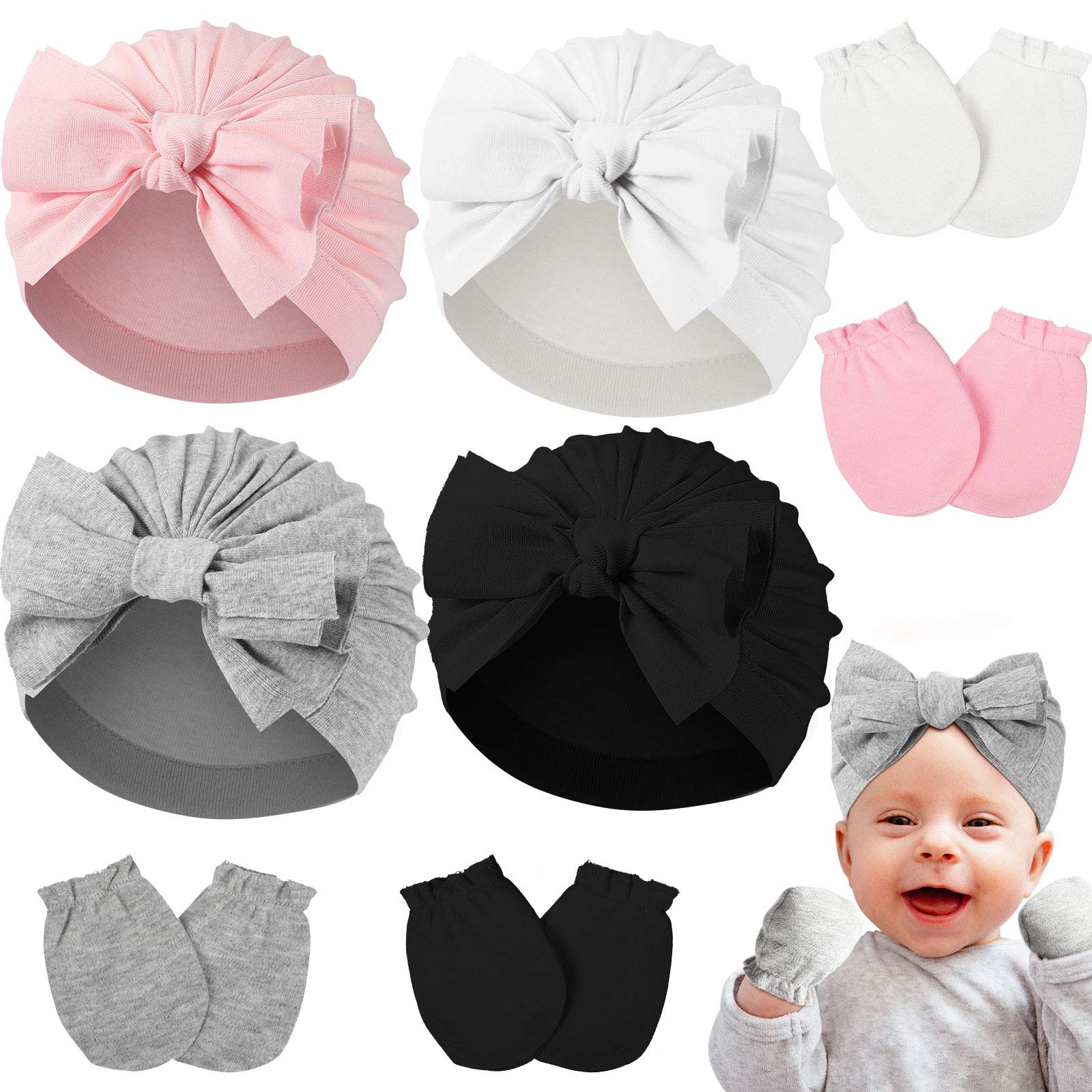 Newborn Girl Turban Hat Gloves Set, Include 4 Pieces Infant Girls Headwraps Toddler Hats and 4 Pairs Infant No Scratch Mittens Gloves (Bowknot Style)