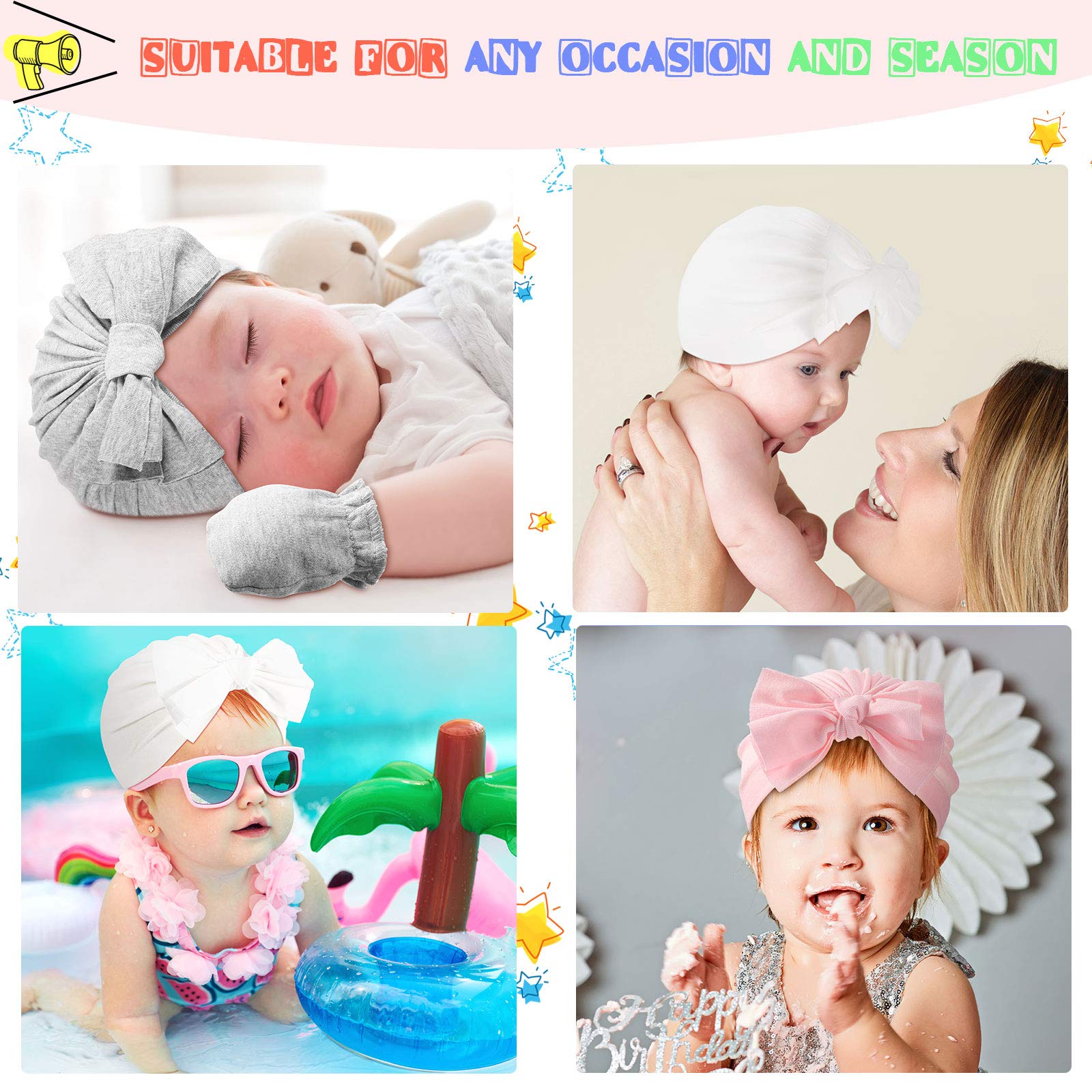 Newborn Girl Turban Hat Gloves Set, Include 4 Pieces Infant Girls Headwraps Toddler Hats and 4 Pairs Infant No Scratch Mittens Gloves (Bowknot Style)