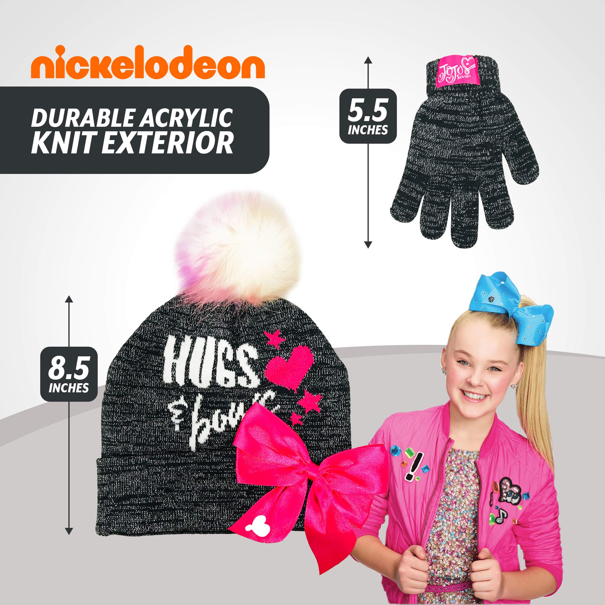 Nickelodeon JoJo Siwa Hugs & Bows Girls Winter Hat and Gloves Cold Weather Set, Age 4-7