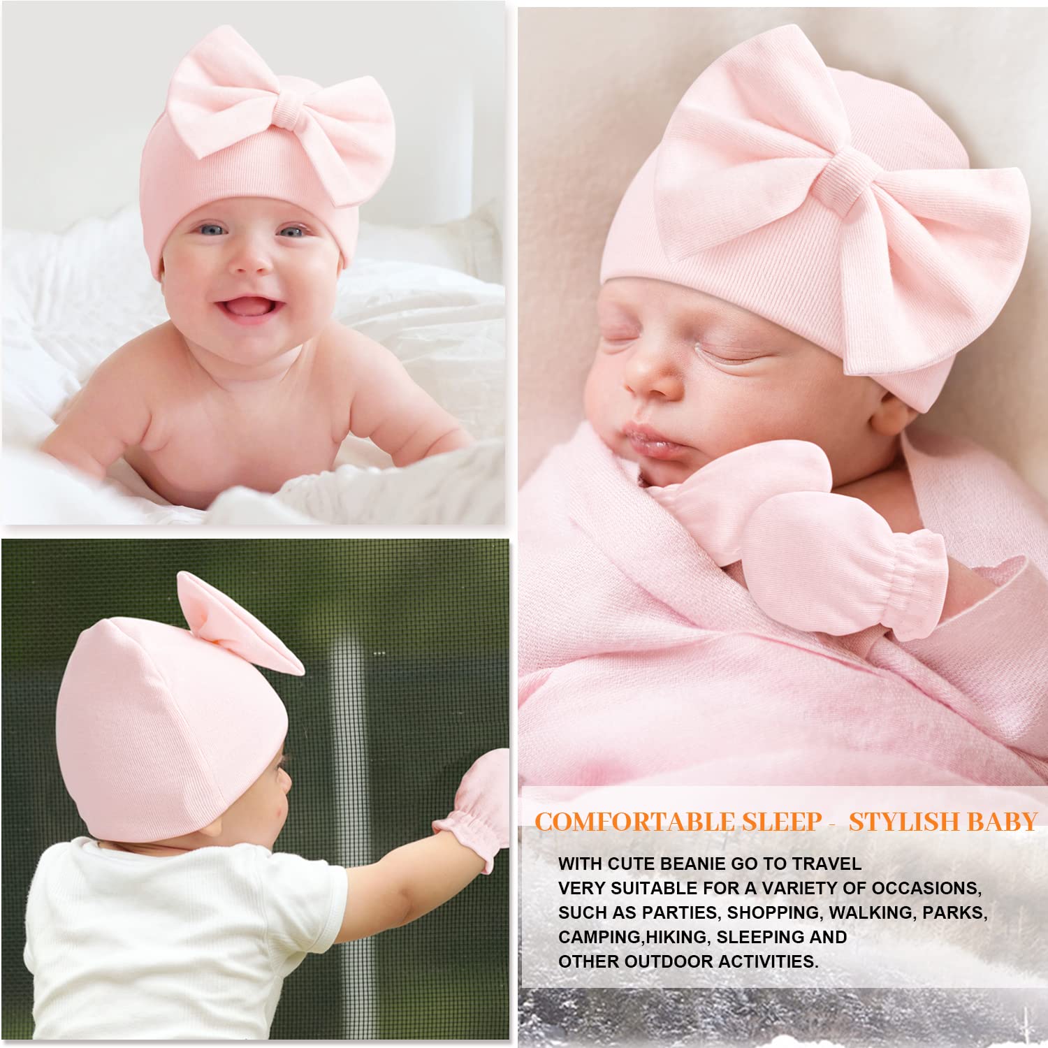 Newborn Hospital Hats Gloves Baby Infant Bow Beanie Cotton Caps No Scratch Hat Mittens Set for 0-6 Months