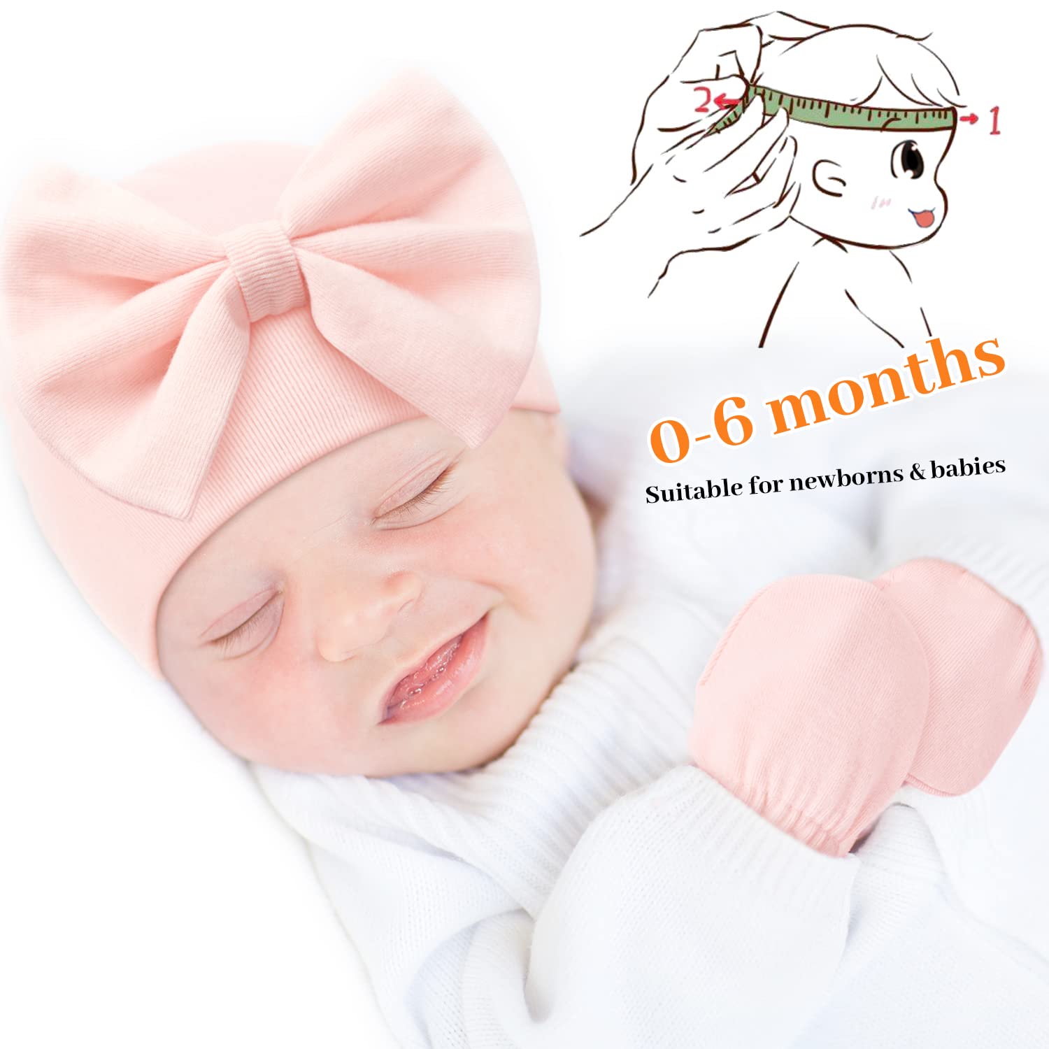 Newborn Hospital Hats Gloves Baby Infant Bow Beanie Cotton Caps No Scratch Hat Mittens Set for 0-6 Months