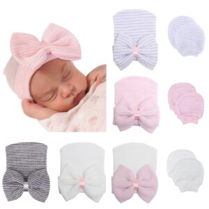 BQUBO Newborn Baby Caps Mittens for Baby Girls Set Hospital Hat Beanie Infant Hats with Bow Baby Scratch Mitten Gloves