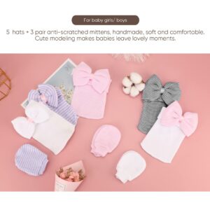 BQUBO Newborn Baby Caps Mittens for Baby Girls Set Hospital Hat Beanie Infant Hats with Bow Baby Scratch Mitten Gloves