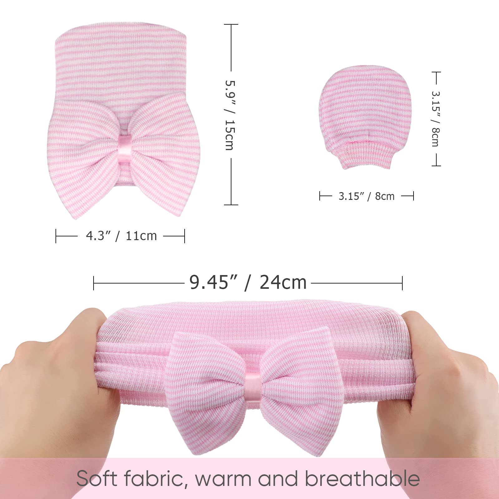 BQUBO Newborn Baby Caps Mittens for Baby Girls Set Hospital Hat Beanie Infant Hats with Bow Baby Scratch Mitten Gloves