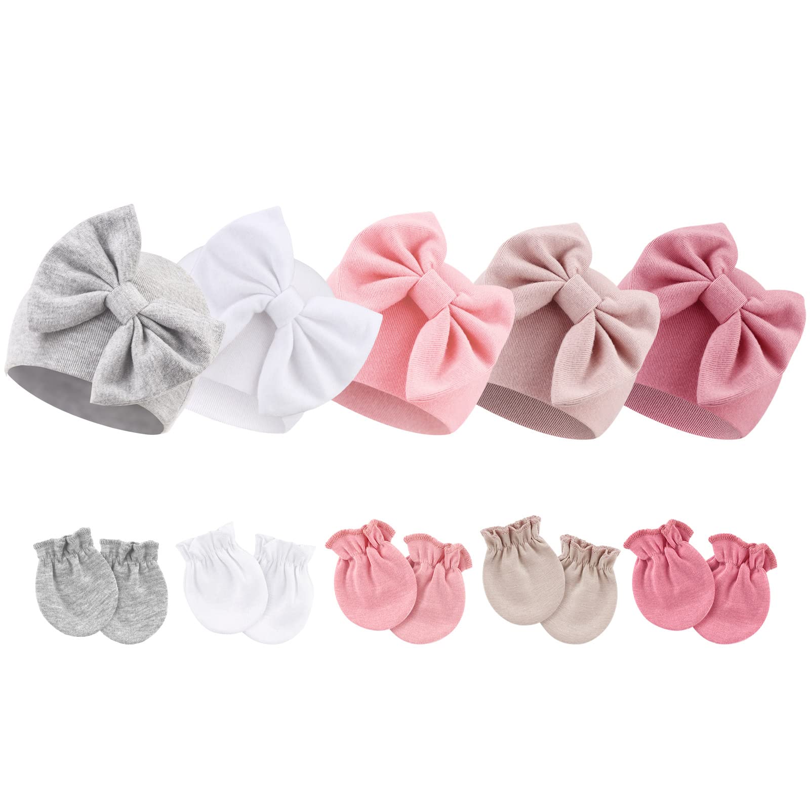 BQUBO Newborn Baby Girls Hats Mittens Set Hospital Hat Beanie Infant Bow Hats Baby Cotton Gloves No Scratch Mittens for 0-6 Months