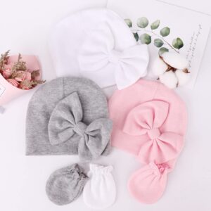 BQUBO Newborn Baby Girls Hats Mittens Set Hospital Hat Beanie Infant Bow Hats Baby Cotton Gloves No Scratch Mittens for 0-6 Months