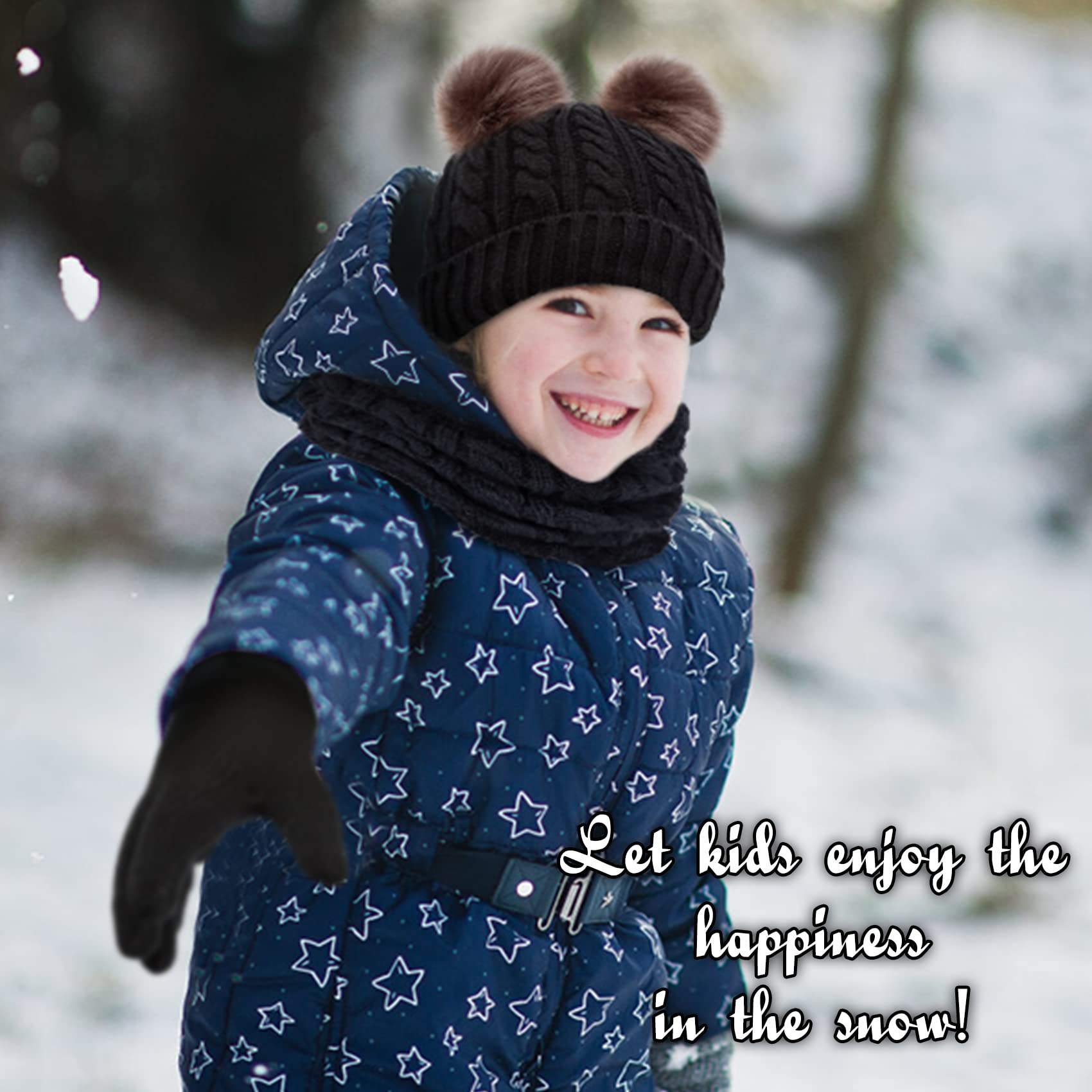 3 Pcs Kids Winter Beanie Hat Scarf Gloves Set for Girls Boys Knit Warm Pompom Toddler Hat Mittens Neck Warmer, A Black