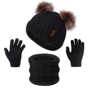 3 Pcs Kids Winter Beanie Hat Scarf Gloves Set for Girls Boys Knit Warm Pompom Toddler Hat Mittens Neck Warmer, A Black