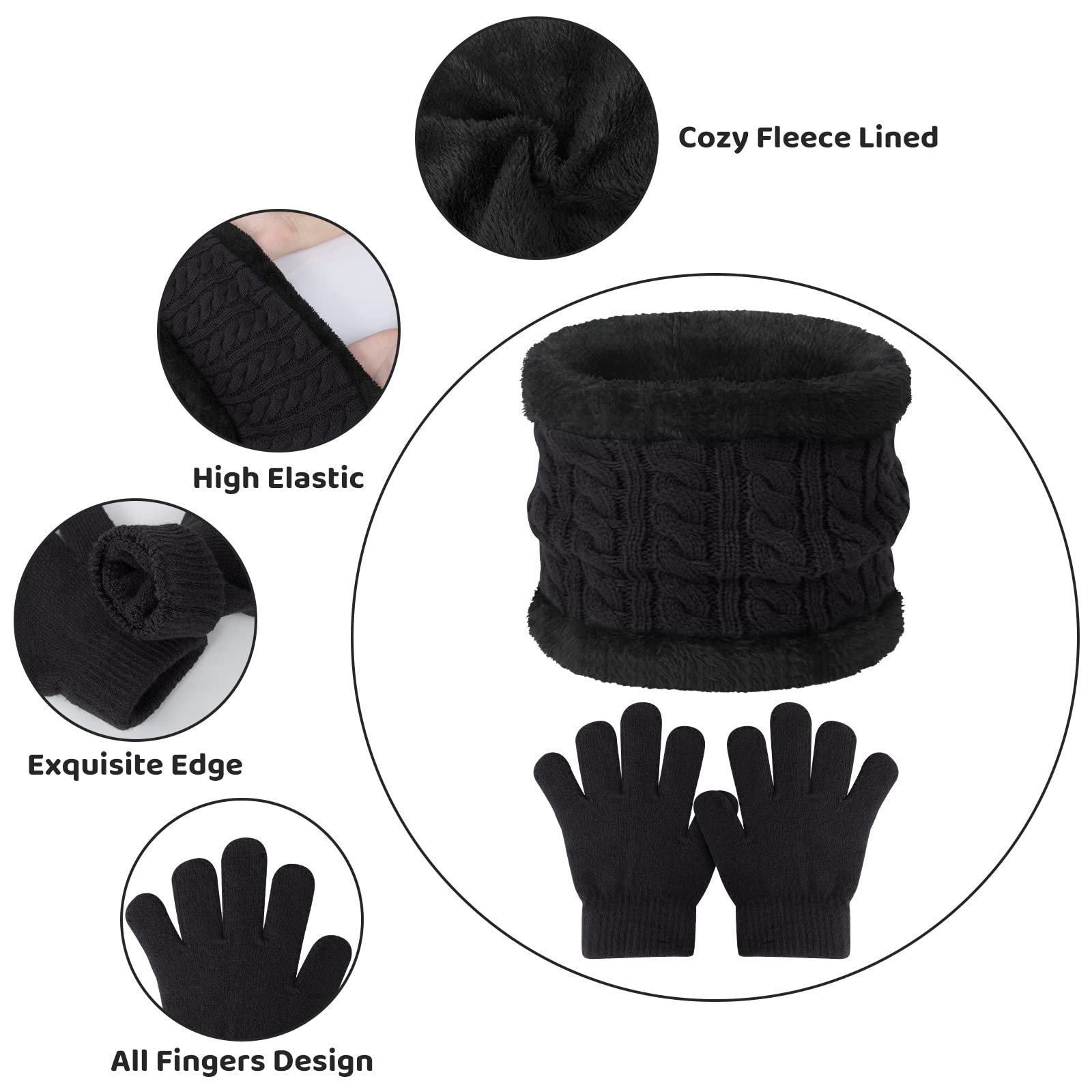 3 Pcs Kids Winter Beanie Hat Scarf Gloves Set for Girls Boys Knit Warm Pompom Toddler Hat Mittens Neck Warmer, A Black