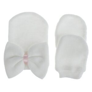 lnicear newborn baby girls hospital hat mittens set with big bows soft cute beanie infant hats scratch gloves white 0-3 months