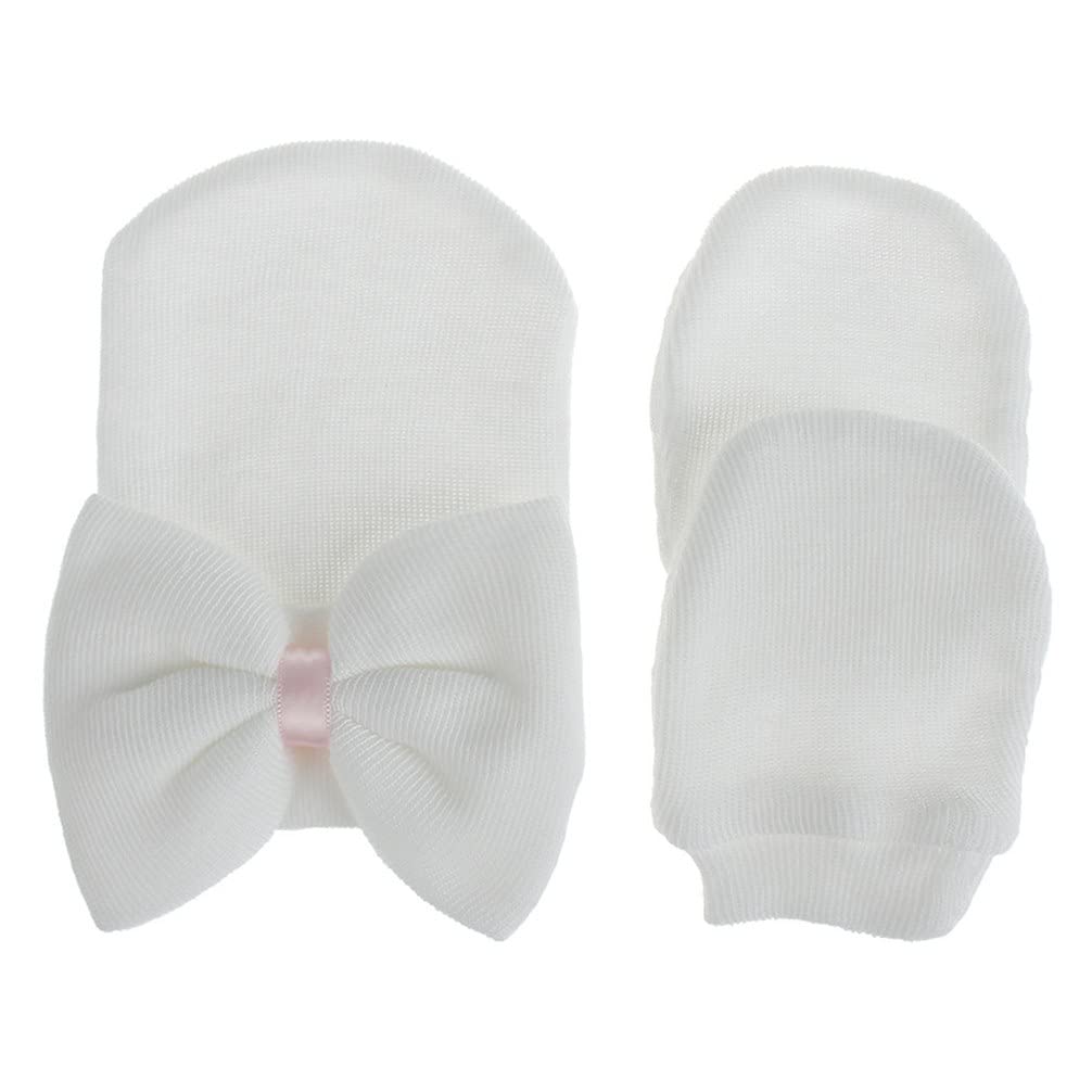 LNICEAR Newborn Baby Girls Hospital Hat Mittens Set with Big Bows Soft Cute Beanie Infant Hats Scratch Gloves White 0-3 Months