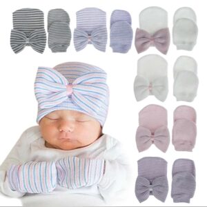 LNICEAR Newborn Baby Girls Hospital Hat Mittens Set with Big Bows Soft Cute Beanie Infant Hats Scratch Gloves White 0-3 Months