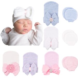 bqubo newborn baby caps mittens for baby girls set hospital hat beanie infant hats with bow baby scratch mitten gloves