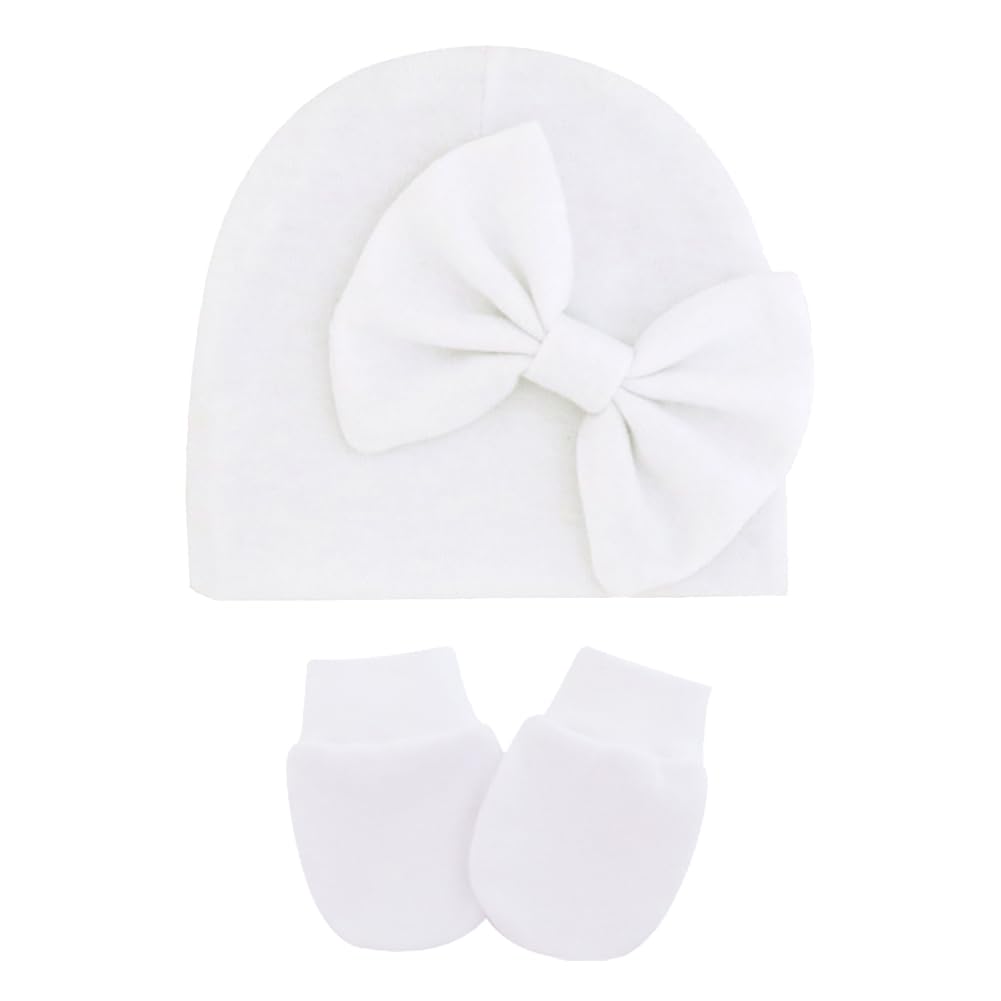 1 Set Newborn Baby Hospital Hats Mittens Soft Bow Infant Cap Cute Nursery Beanie Baby No Scratch Gloves for Boys Girls White