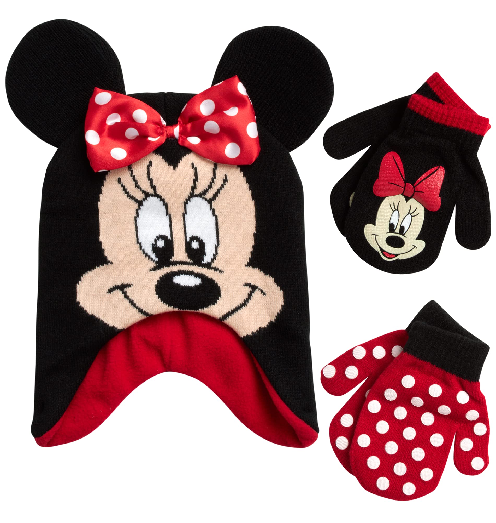 Disney Girls Minnie Mouse and Vampirina Winter Hat and 2 Pair Mitten or Glove Set (Toddler/Little Girl), Size Age 2-4, Red Minnie Mittens 2-4