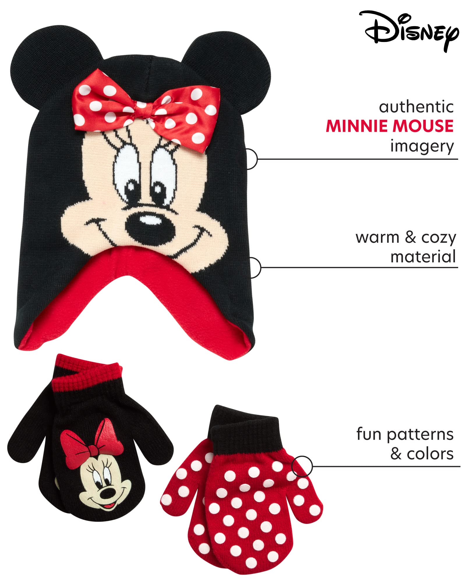 Disney Girls Minnie Mouse and Vampirina Winter Hat and 2 Pair Mitten or Glove Set (Toddler/Little Girl), Size Age 2-4, Red Minnie Mittens 2-4