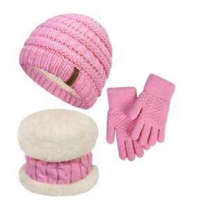 ysense 3 pcs kids winter beanie hat scarf gloves set thick knit warm fleece lined beanie caps mittens for boys girls gifts