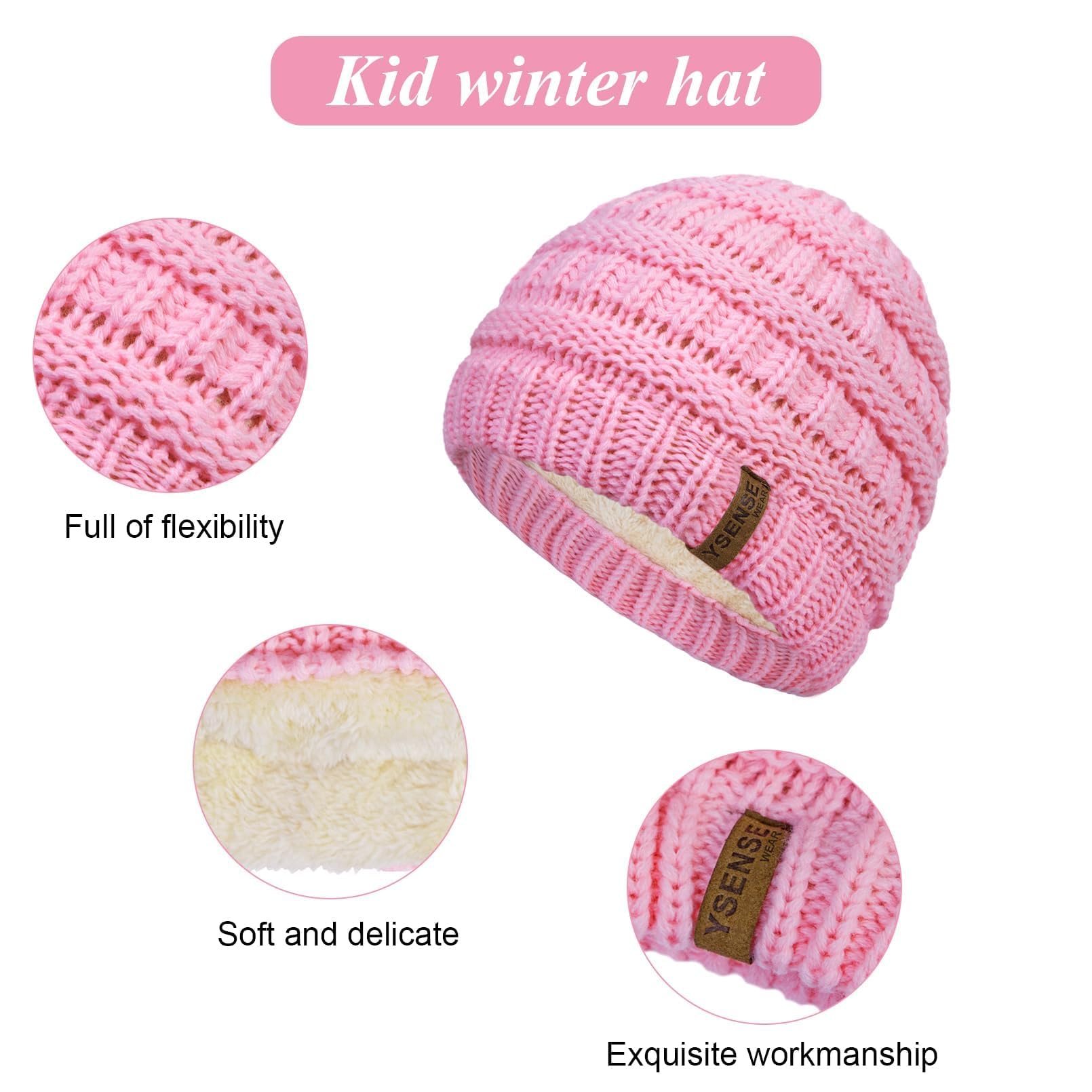 YSense 3 Pcs Kids Winter Beanie Hat Scarf Gloves Set Thick Knit Warm Fleece Lined Beanie Caps Mittens for Boys Girls Gifts