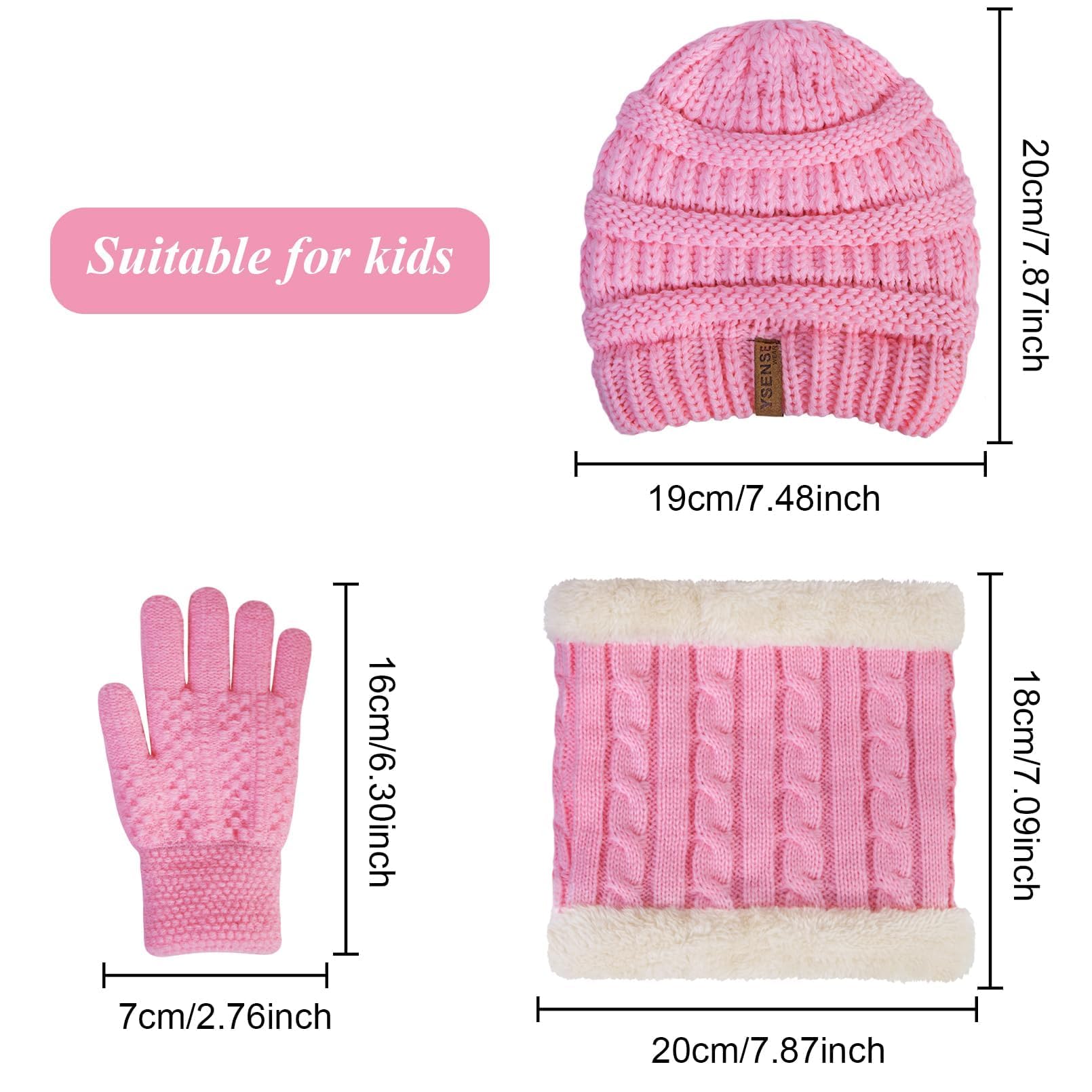 YSense 3 Pcs Kids Winter Beanie Hat Scarf Gloves Set Thick Knit Warm Fleece Lined Beanie Caps Mittens for Boys Girls Gifts