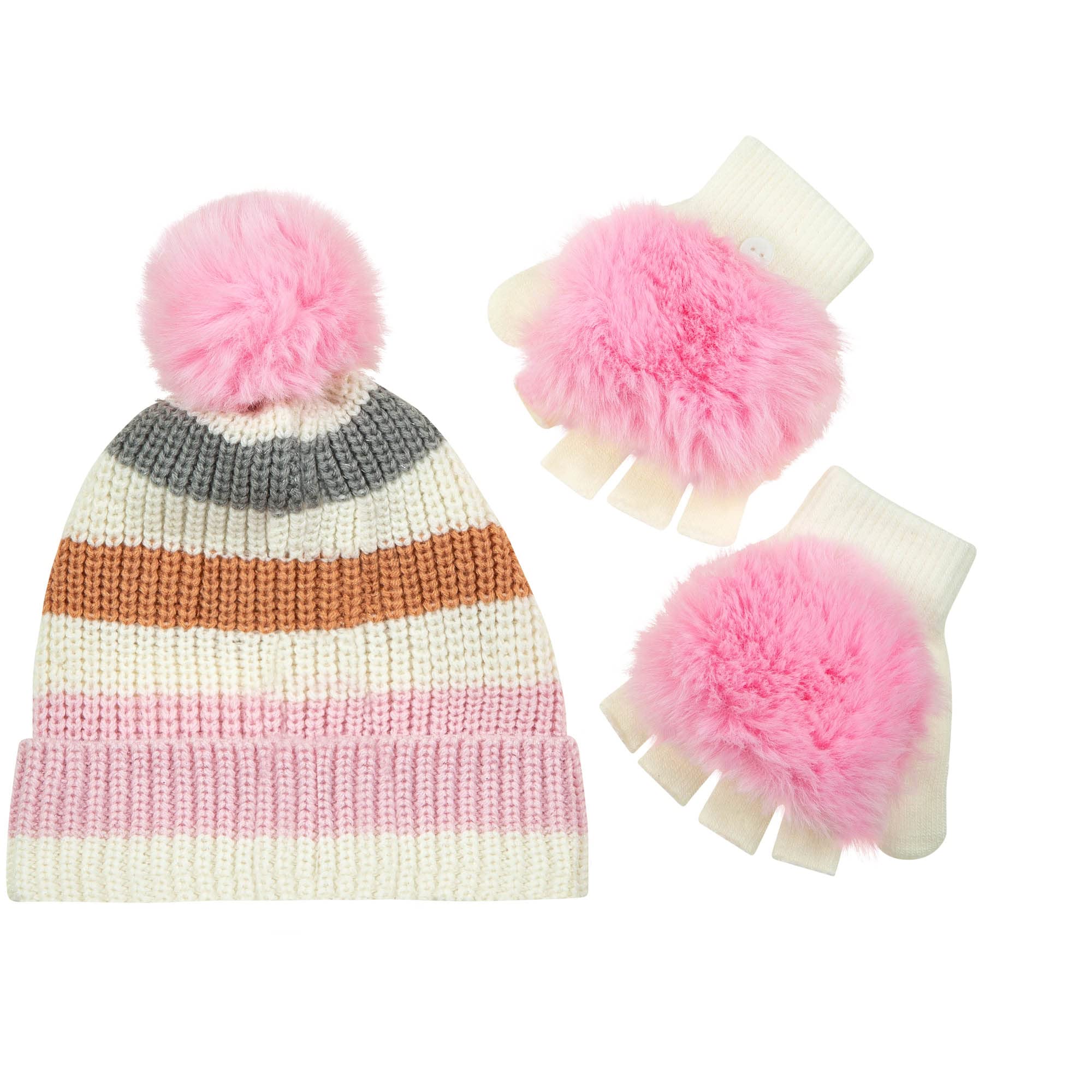 PEAK 2 PEAK Girls Hat and Fingerless Gloves Winter Set, Marled Yarn Knitted with Pink Pompom on hat and Glove - Age 4-12 Years