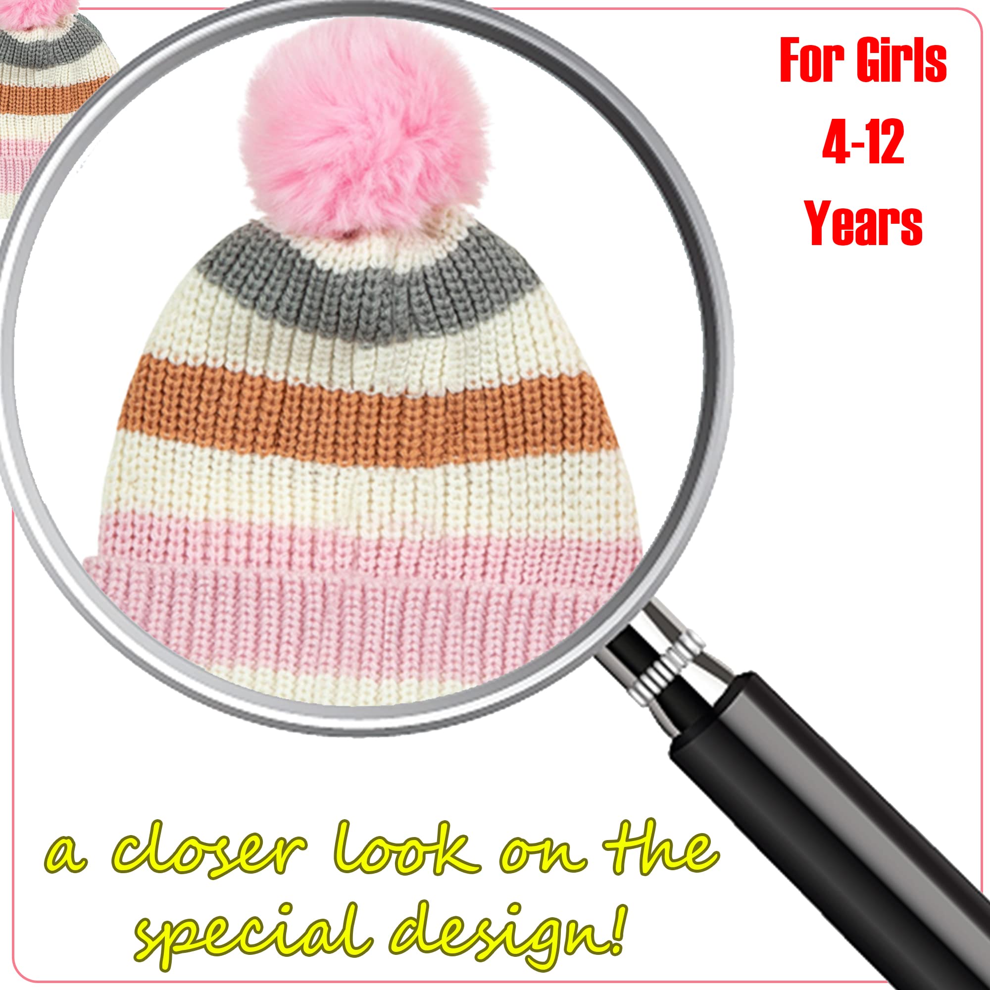 PEAK 2 PEAK Girls Hat and Fingerless Gloves Winter Set, Marled Yarn Knitted with Pink Pompom on hat and Glove - Age 4-12 Years