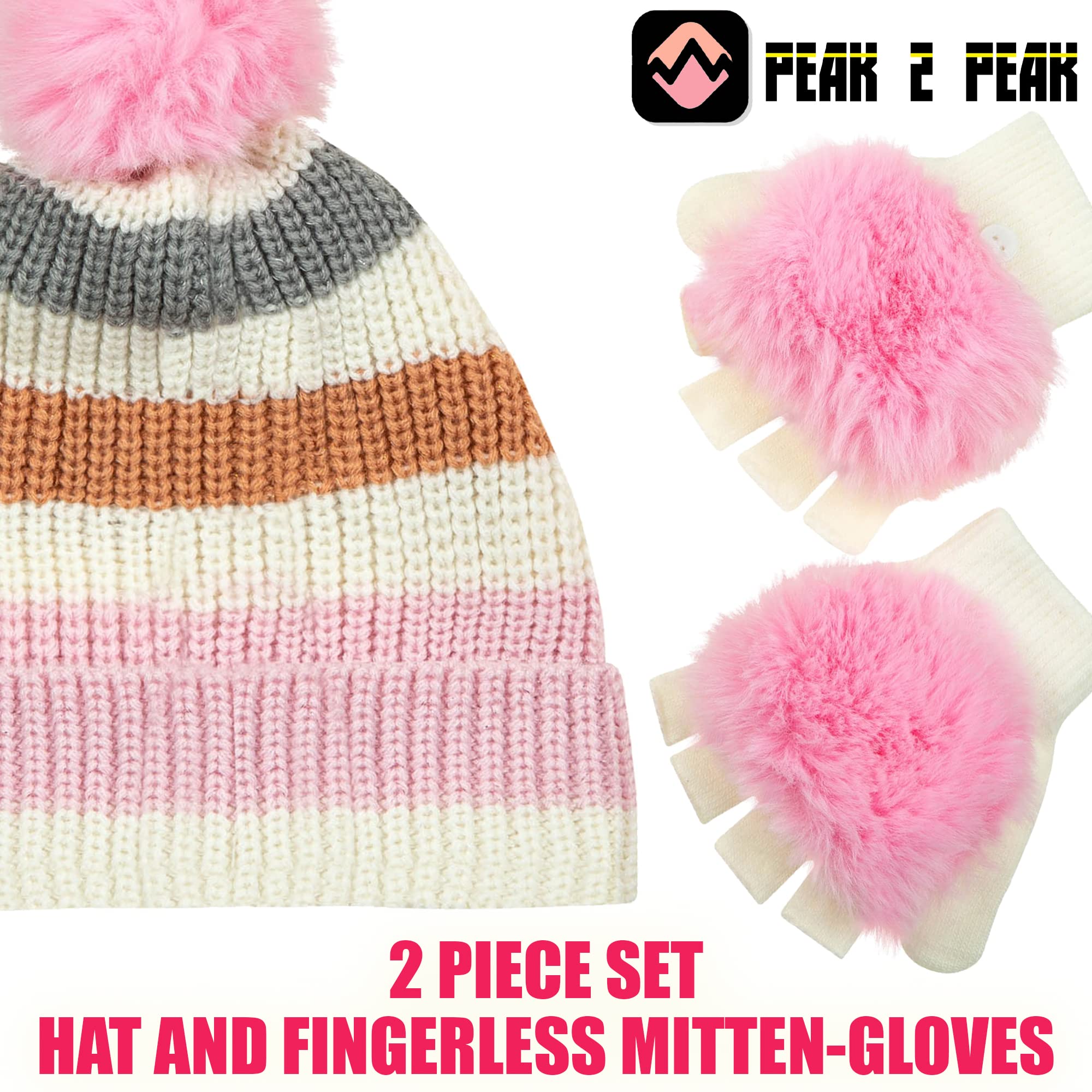 PEAK 2 PEAK Girls Hat and Fingerless Gloves Winter Set, Marled Yarn Knitted with Pink Pompom on hat and Glove - Age 4-12 Years