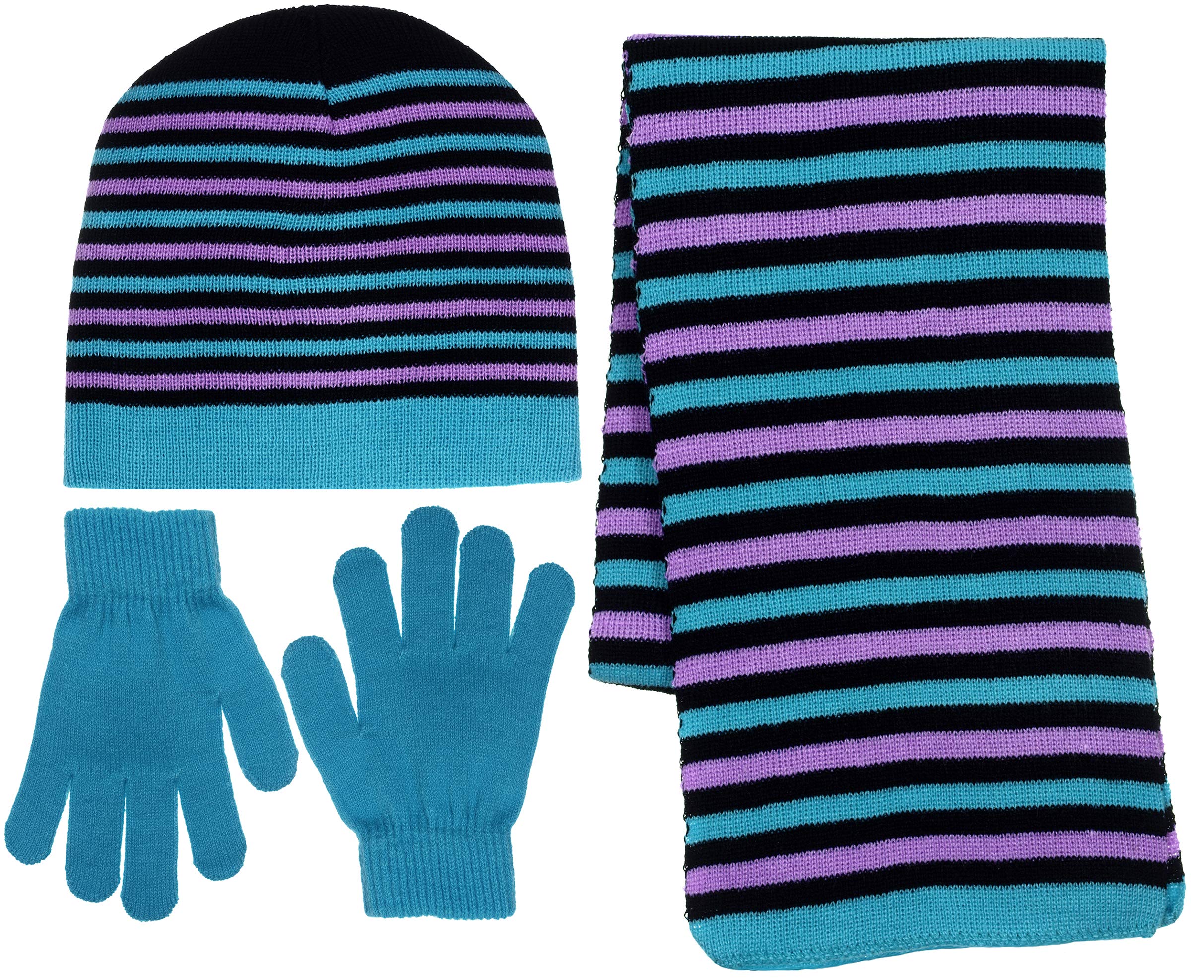 Girls 3 Piece Knit Hat, Scarf & Gloves Set Winter Accessories for Girls (Blue-Lavender-RL)