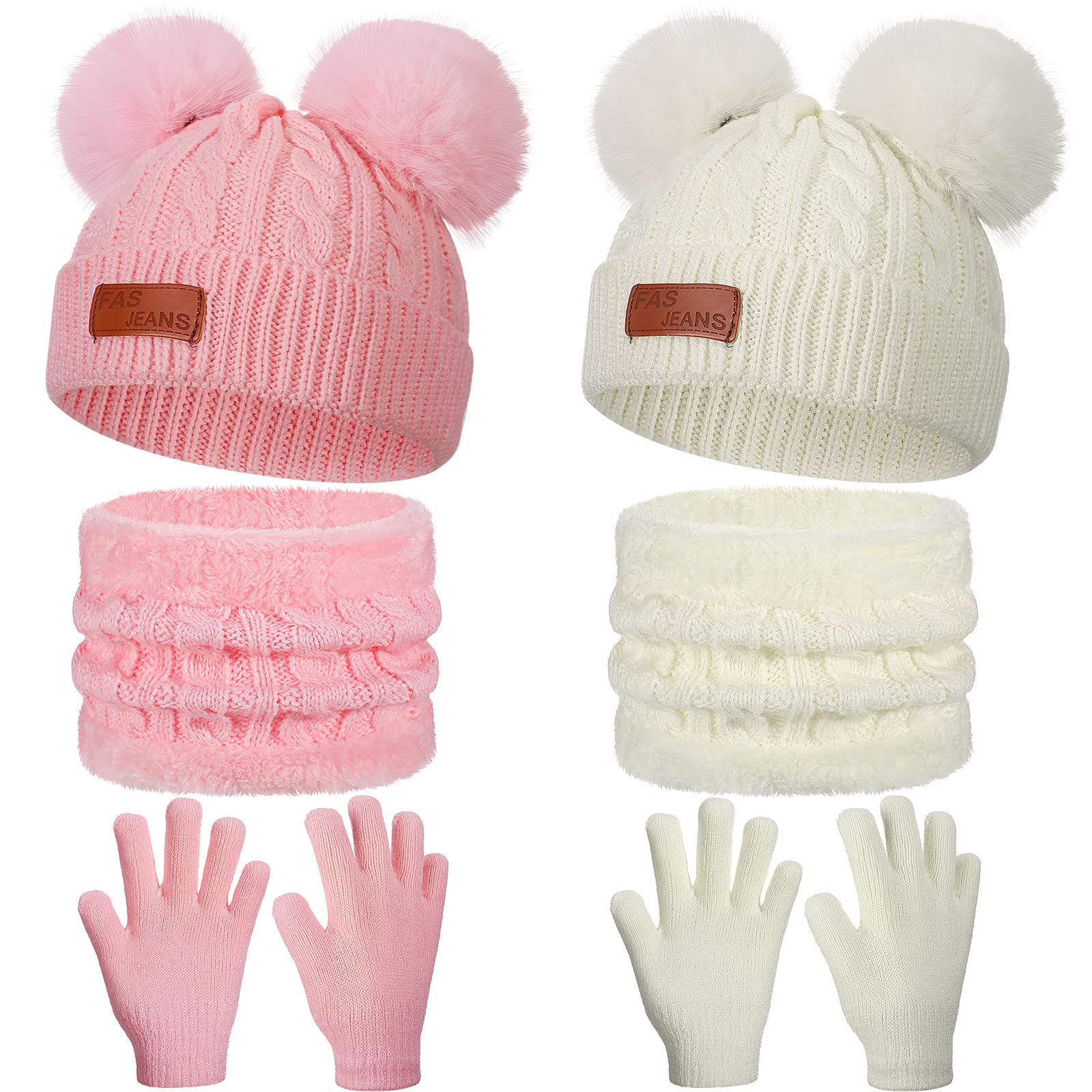 2 Set Kids Winter Hat Scarf Gloves Set Warm Toddler Knit Beanies Gloves Neck Warmer Set for Boys Children Girls (White, Pink)