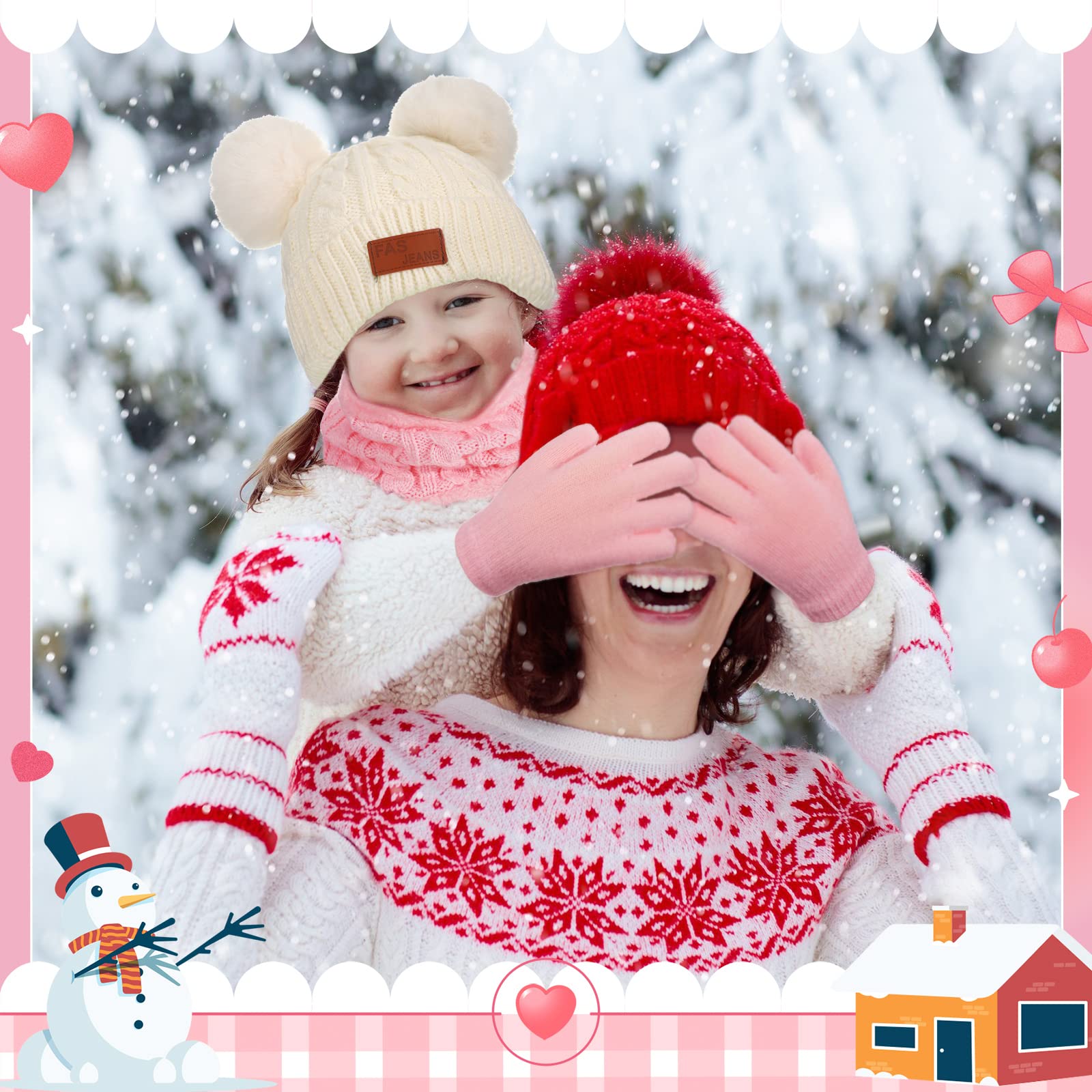 2 Set Kids Winter Hat Scarf Gloves Set Warm Toddler Knit Beanies Gloves Neck Warmer Set for Boys Children Girls (White, Pink)