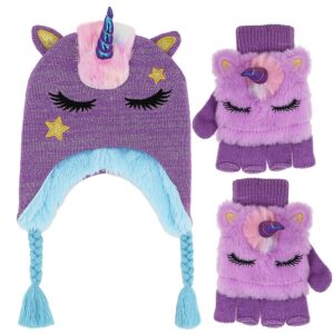Kids Girls Cute Glitter Unicorn Beanie Winter Hat and Glove Set Knitted Earflap Cap Flip Top Mitten Set Purple